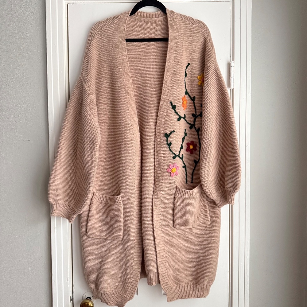 Oversized Floral Embroidered Longline Balloon Sleeve Cardigan Taupe L SHEIN